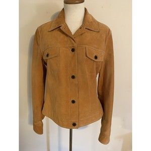 LL Bean Leather Jacket Womens Medium Regular Button Up Chest Pockets Suede